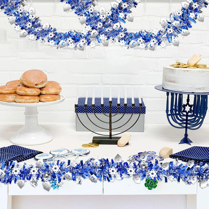 2 Pack Hanukkah Decorations, 36 Ft by 6 Inch Hanukkah Tinsel Garland with Dreidel Star of David Silver Ornaments Blue Metallic Streamers, Indoor Outdoor Chanukah Decorations Home Party Supplies