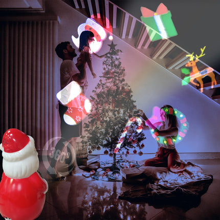 Santa Christmas Projector Light USB Indoor Light with Auto Rotating Reindeer, Wreaths, Candy Canes, Socks 6 Patterns Slides for Kids Christmas Room Decorations, Year Xmas