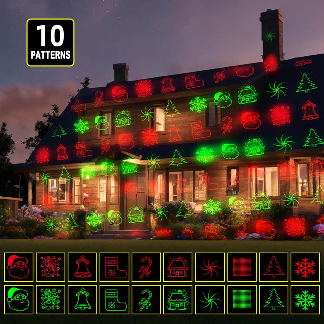 Christmas Laser Projector Lights, 10 Patterns Moving Red Green Outdoor Garden Waterproof Decorative Starry Lights Projector with RF Remote for Holiday Party Indoor Decoration Home Decor