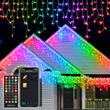 Avatar Controls Programmable Icicle Christmas Lights for Outside Waterproof w/ 58 Multicolor Modes, 32.8ft 299 Smart Color Changing LED Icicle Lights Connectable Music Sync, White & Green Eave Lights