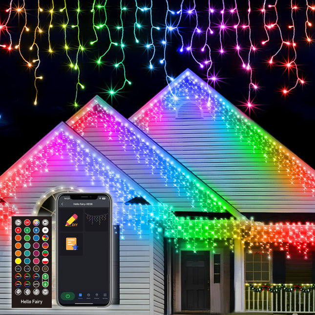 Avatar Controls Programmable Icicle Christmas Lights for Outside Waterproof w/ 58 Multicolor Modes, 32.8ft 299 Smart Color Changing LED Icicle Lights Connectable Music Sync, White & Green Eave Lights