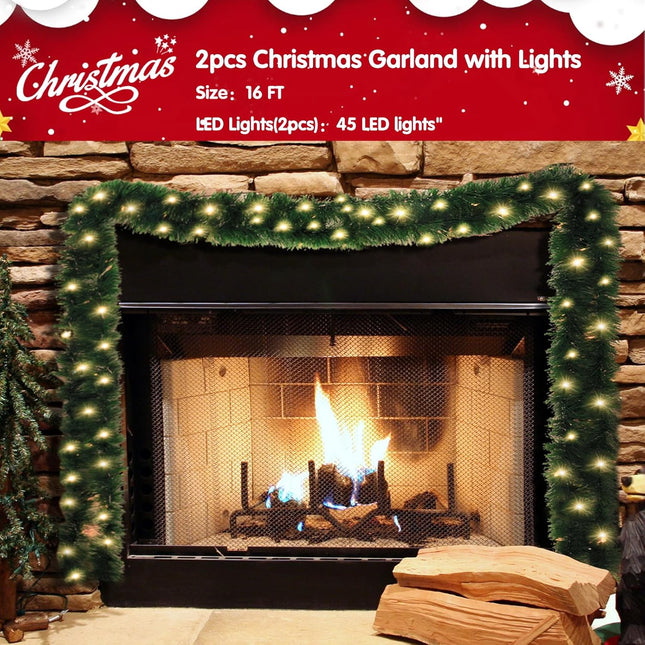 2Pcs 15.5 Ft Pre-lit Christmas Garland with 90 LED Lights - 8 Lighting Modes, Battery Operated, Waterproof, Outdoor/Indoor Pre-lit Greenery Garland for Fireplace Mantel, Kitchen, Christmas Tree