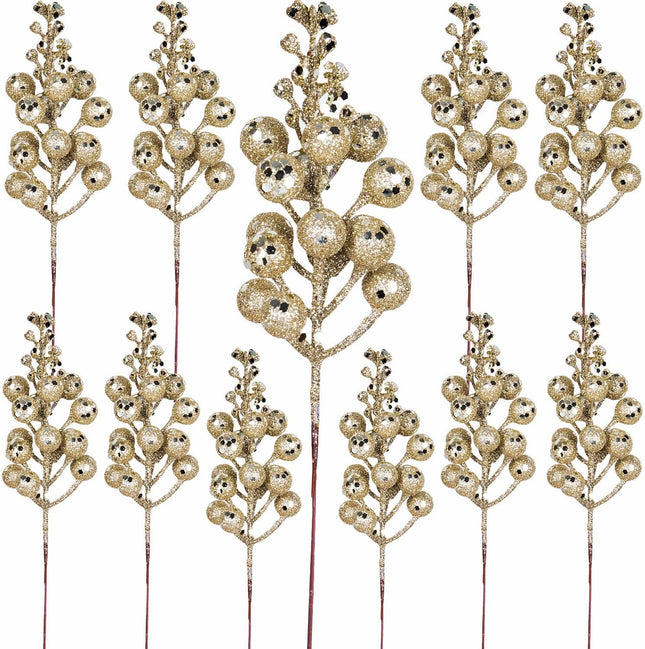20 Pack Christmas Glitter Berries Stems, 8 Inch Champagne Artificial Christmas Picks for Christmas Tree Ornaments, DIY Xmas Wreath, Crafts, Holiday and Home Decor (Champagne)