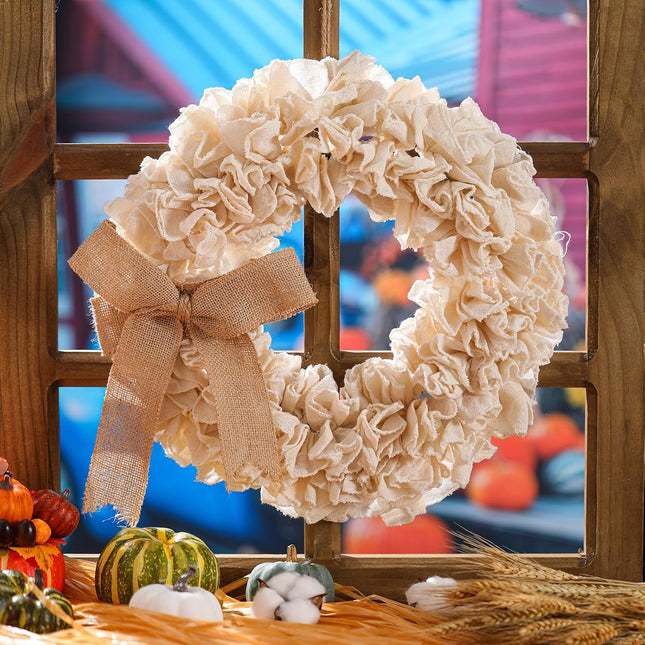 Hotop 15.7 Inch Burlap Wreath Farmhouse Wreath Burlap Door Wreath with Bow Big Bow Wreath Fabric Rustic Front Door Wreath for Christmas Front Door Indoor Outdoor Farmhouse Home Wall Decor(Farmhouse)