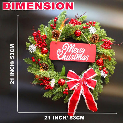 Pre-Lit Artificial Christmas Wreath，BEHONA 21 inch Christmas Snowflake Decorations Wreath Artificial with Lights, Ribbons, Pine Cones for Outdoor Indoor Window Mantle Christmas Decorations