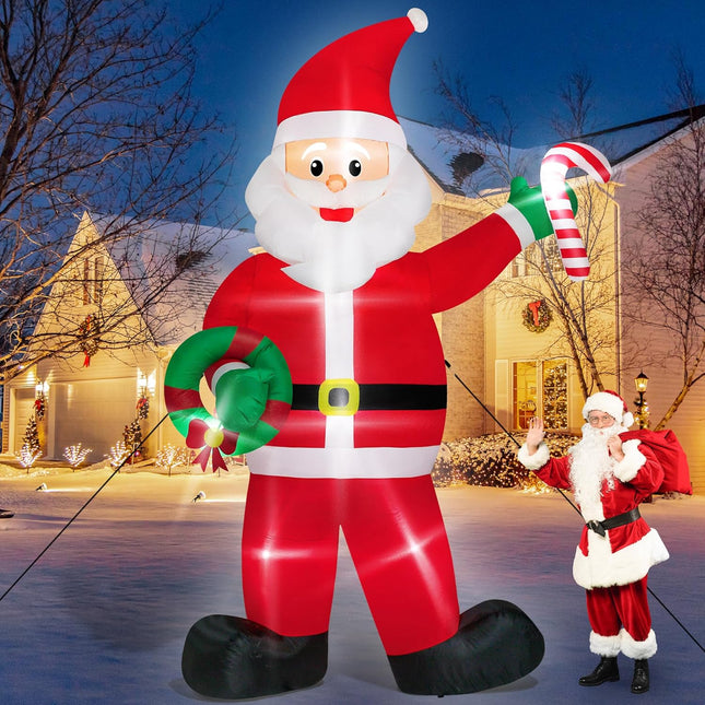 12FT Christmas Inflatables, Giant Inflatable Santa Claus Holding Candy Cane, LED Lighted Blow Up Christmas Santa Claus, Inflatable Santa Claus Outdoor Decorations for Party Holiday Lawn Yard