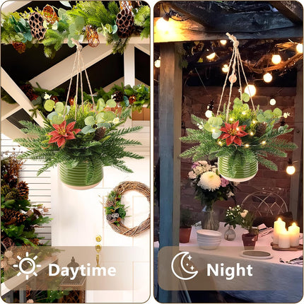 Artificial Christmas Hanging Baskets, Hanging Christmas Tree Basket Decorated with Pine Cones Red Flowers, Christmas Hanging Decoration for Front Porch Garden Patio Outdoor Xmas Decor
