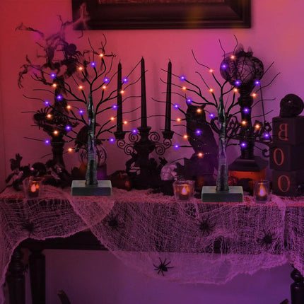 2 Pack 24 Inch Black Halloween Tree with 24 LED Orange Purple Lights, USB/Battery Operated Halloween Table Decorations Tree Light with Timer, Scary Halloween Decorations Indoor for Home Party Decor