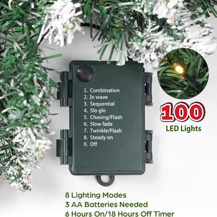 9 FT Christmas Garland with 100 LED Lights Dense-Style, Battery Operated Pre-Lit Garland with Pine Cones and Snow, 8 Lighting Modes with Timer, Christmas Decor for Mantle, Fireplace