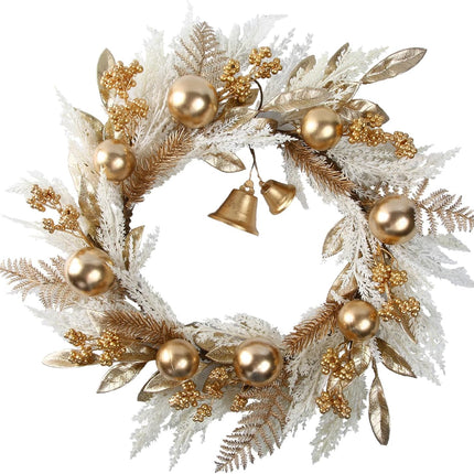 20" Gold Christmas Wreaths for Front Door, Gold Berry Leaves Bells Balls Xmas Wreath with White Fake Pampas Grass, Door Reef for Windows Fireplaces Walls, Front Porch Indoor and Outdoor
