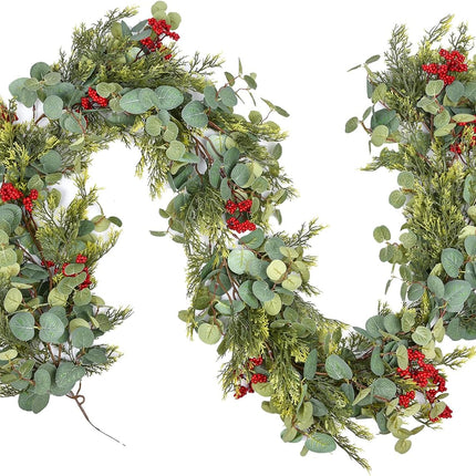 6ft Christmas Pine Garland Decoration, Artificail Red Berry Garland Christmas Cypress Garland Eucalyptus Leaves for Winter Holiday Fireplace Mantel Table Home Decor