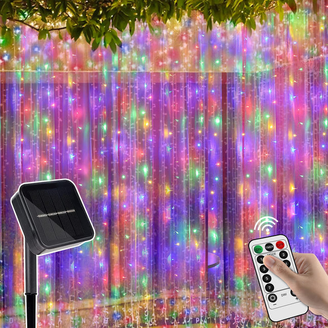 weillsnow 304 LED Solar Curtain Lights Remote Control with 8 Modes, Outdoor Christmas Lights Waterproof for Window Patio Garden Balcony Wedding Party Christmas Decorations (Multicolor)
