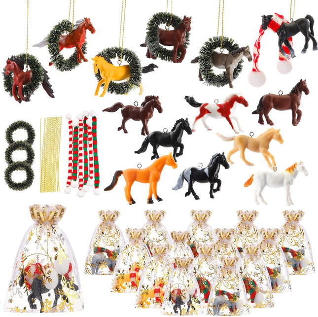 Suzile 18 Set Christmas Tree Ornaments Mini Resin Horse s with Wreaths Scarves Strings Organza Bags for Christmas Hanging Decoration Xmas Party Favors Horse Lovers s