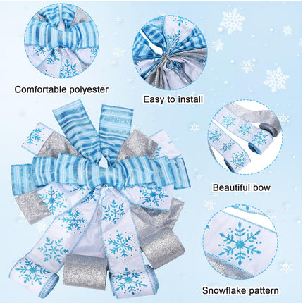 Capoda Christmas Tree Topper Bow 44'' x 12 Large Blue Christmas Tree Decoration Snowflake Ribbon Winter Flower Topper Wreath Bow with 3 Yards Long Ribbon Merry Christmas Garland for Xmas Home Decor