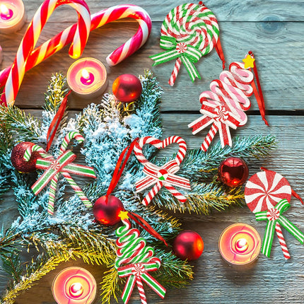 10Pcs Christmas Candy Cane Ornaments for Tree Decorations - Polymer Clay Glitter Lollipop Candy Cane for Holiday Party Home Decor