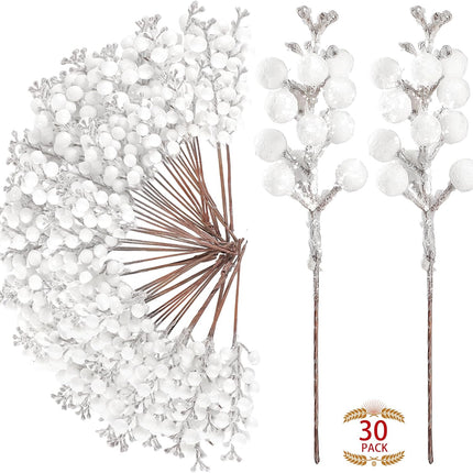 Sggvecsy 30Pcs Christmas Glitter Berries Stems Artificial Red Berry Branches Holly Picks Stems Christmas Tree Ornaments for DIY Xmas Wreath Crafts s Holiday Home Decor (White)