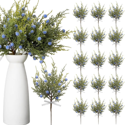 Lyrow 15 Pcs Artificial Pine Leaves Branches with Berries Artificial Juniper Cedar Spray Greenery Pine Twigs Stems Pick for Craft DIY Christmas Garland Wreath and Winter Indoor Outdoor Decorations