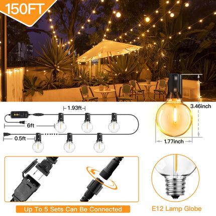 shineshine 150 FT Outdoor String Lights with Remote/Dimmer, Waterproof Patio Lights with 75+4 LED Shatterproof Bulbs, Connectable Outside Hanging Light for Yard Porch Deck Christmas