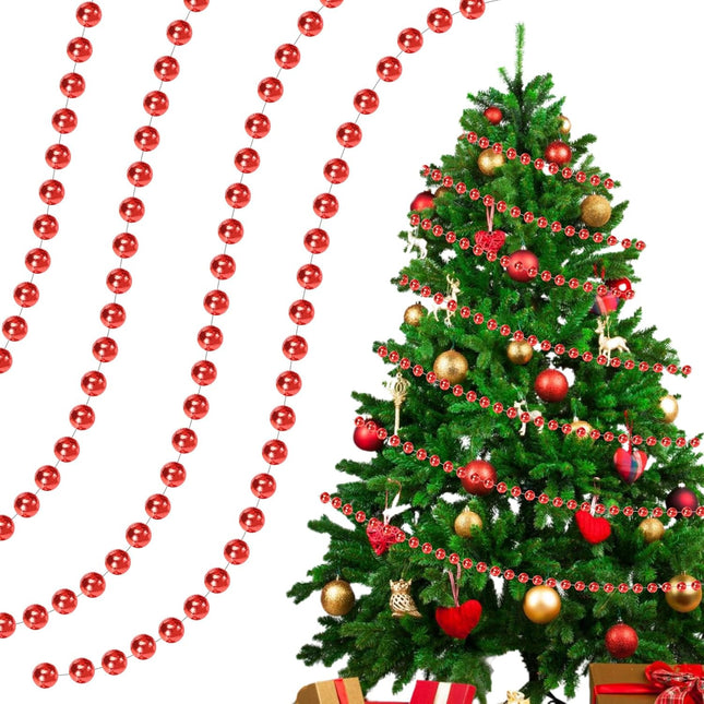 Christmas Tree Beads, 50ft Christmas Tree Garland Beads, Artificial Pearls Beads, Red Plastic Beaded Garland for Xmas Tree Indoor Outdoor Home Party Decorations