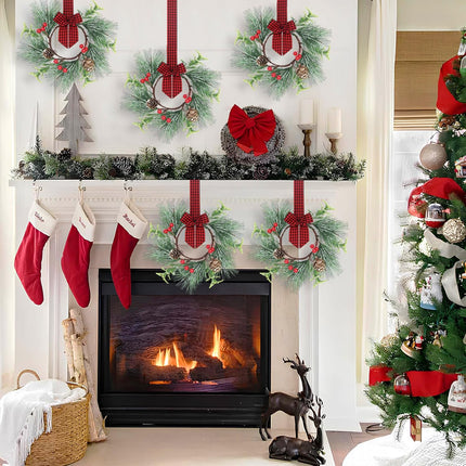 XJar 6 Pcs Mini Christmas Wreaths with Snowy Pine Needles，Pine Cone, Berry and Plaid Bow Ribbon Hanging Decorative for Cabinets Kitchen Window Outdoor Indoor Chair Wall Decor