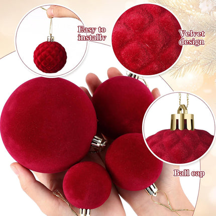 95 PCS Velvet Christmas Tree Decorations Set, 70 Assorted Velvet Flocked Ball Ornament 12 Velvet Bow 1 Top Star 12 Glitter Berry Stems for Xmas Holiday Tree Wreath(Wine Red, Brown, Khaki)