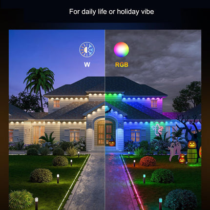 50FT Permanent Outdoor Lights, 63 Scene Modes Smart RGBW Outdoor Christmas Lights with Remote APP Control, IP67 Waterproof LED Eaves Lighting for Halloween Party, Daily, Garden Decor
