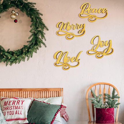 12 Pieces Christmas Wood Signs Christmas Joy Believe Peace Merry Love Noel Wood Cutout, Christmas Plate Ornament, Christmas Wreath Sign Garland Ornament, Christmas Tree Decor (Gold)