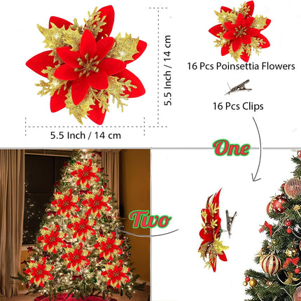 20Pcs 5.5" Poinsettias Glitter Artificial Christmas Flowers, Christmas Tree Decor Christmas Ornaments Glitter Poinsettia with Clips, Christmas Decorations for Xmas Tree Wedding Party Holiday Gold Red