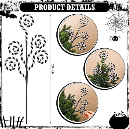 6 Pcs Christmas Tree Picks Sandworm Decor 16'' Black/White Christmas Ornament Xmas Tree Topper Lollipop Stick Candy Cane Christmas Plush Tree Decor Xmas Curly Branches for Vase Wreath Home DIY Craft