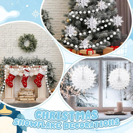 21 Pcs Winter Hanging Snowflake Decorations Paper Snowflake Garland Snowflake Banner Swirls Paper Fans for Wonderland Party Winter Christmas Birthday Decorations(White,Classic)