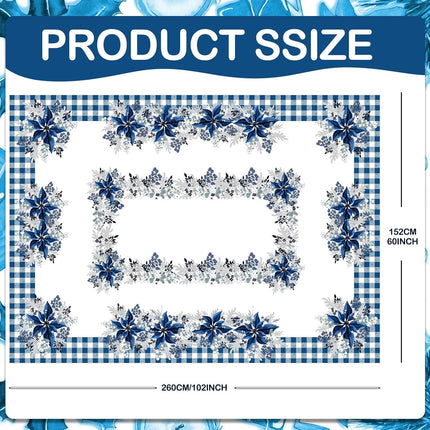 Peryiter Blue and White Christmas Tablecloth Blue Poinsettia Christmas Tablecloth Decorations Winter Reusable Xmas Plaid Bordered Fabric Table Cloth for Christmas Party(60 x 102 Inch)