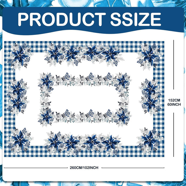 Peryiter Blue and White Christmas Tablecloth Blue Poinsettia Christmas Tablecloth Decorations Winter Reusable Xmas Plaid Bordered Fabric Table Cloth for Christmas Party(60 x 102 Inch)