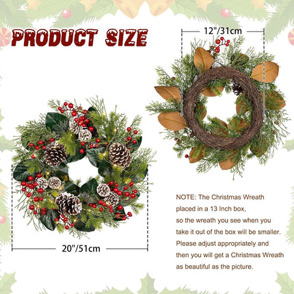 Christmas Wreath 20 Inch Outdoor Lighted Christmas Wreath with Red Berries and Flocked Pine Cones LED Xmas Wreath for Front Door Winter Holiday Christmas Party Decorations