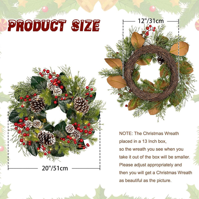 Christmas Wreath 20 Inch Outdoor Lighted Christmas Wreath with Red Berries and Flocked Pine Cones LED Xmas Wreath for Front Door Winter Holiday Christmas Party Decorations
