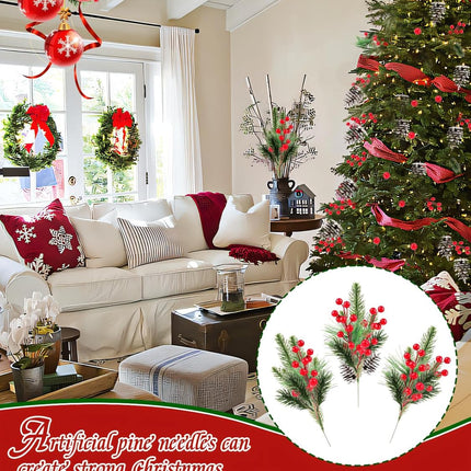 150PCS Artificial Pine Cones Branch Set, Kalolary Assorted Artificial Pine Needles Branches Snowy Christmas Tree Floral Twig Picks Christmas Red Holly Berry Stems for Xmas Winter Party DIY Craft Decor