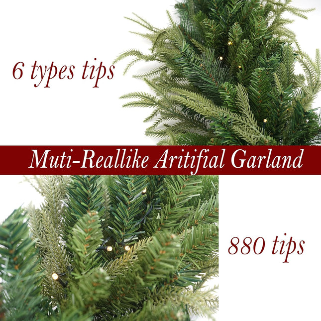 Prelit Christmas Garland 9ft with 50 LED Lights, Battery Opreated Christmas Decor Timer for Mantle Staircase Indoor and Outdoor Prelight Xmas Garland