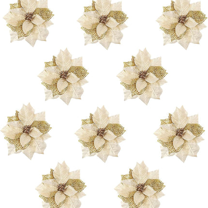 RECUTMS Pack of 10 Glitter Artificial Poinsettia Flowers Christmas Wreath Christmas Tree Flowers with 10 Pcs Green Soft Stings (Gold)
