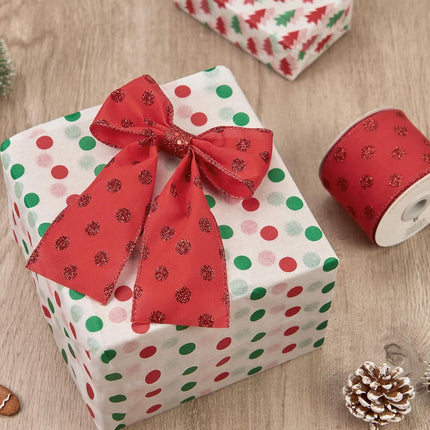 4 Rolls 32 yd Red Green Glitter Christmas Wired Ribbon Set, 2.5 inch x 8yd Polka Dot Satin Burlap Ribbon for Xmas Tree Décor, Wrap Box, Bow, Wreath, Garland, Floral DIY Craft