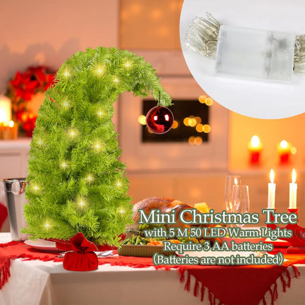 Whimsical Table Top Small Christmas Tree, 2 FT Bendable Lime Green Christmas Tree with Lights and Red Ball, Artificial Tabletop Christmas Tree for Home Office Holiday Party Decoration