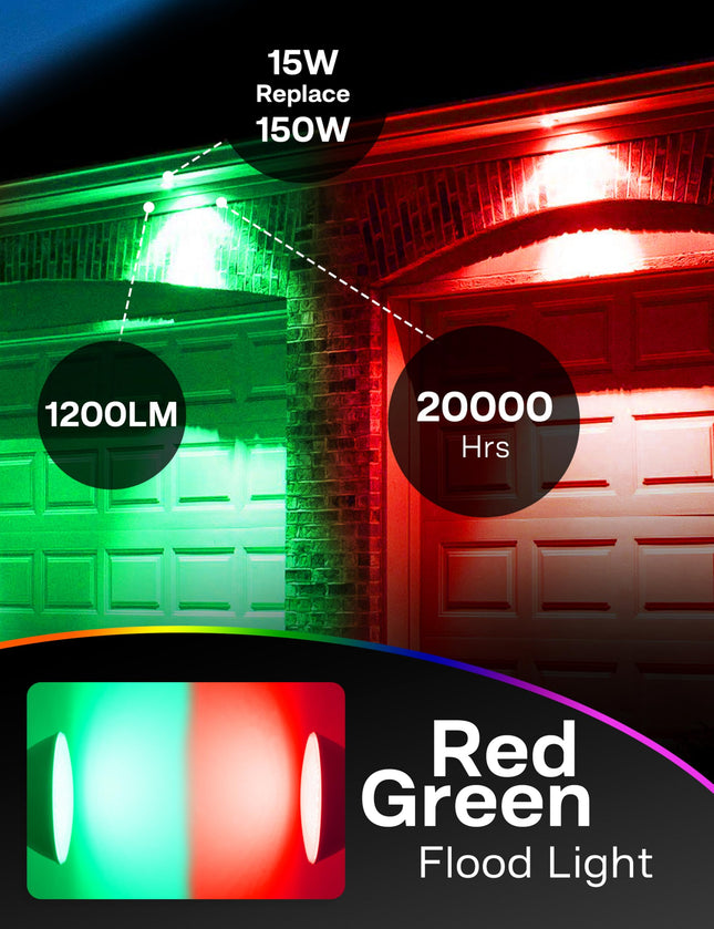 LED Flood Red Green Light Bulb, 15W Equivalent 150W, Par38 Red Green Flood Light, E26 Base, Colored LED Light Bulbs, Not-dim Ideal for Christmas, Halloween, Party, Holiday, 2 Pack