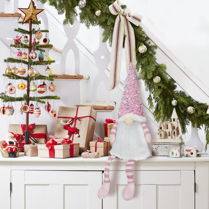 Christmas Tree Topper with Lights,Gnome Tree Topper Lighted Pink Tree Toppers Christmas Decorations Battery Operated Tree Topper with Timer 24.8 Inch