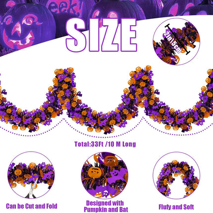 Halloween Decorations, 33 Ft Halloween Tinsel Garland Twist Shiny Metallic Halloween Garland with Orange Pumpkin Black Spider Purple Bat for Home Tree Party Indoor Outdoor Decorations