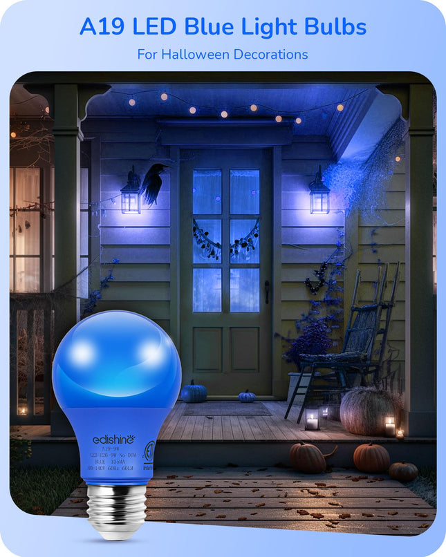 EDISHINE Christmas Blue Light Bulb, A19 LED Light Bulb, Blue LED Bulb E26 Base, 9W(60W Equivalent), Outdoor Blue Lights for Christmas Decoration, Porch, Garden, Non-dimmable, ETL Listed, 4 Pack