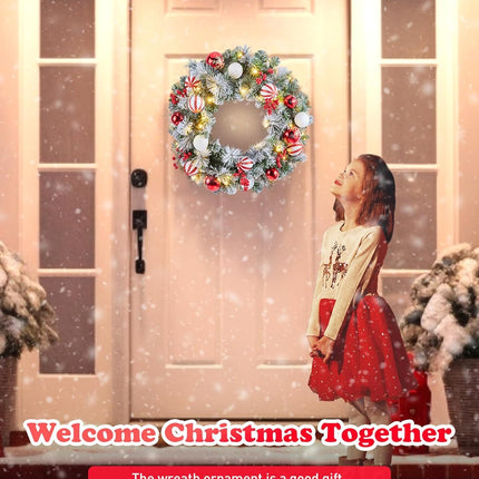 Pre-Lit Artificial Christmas Wreath 24Inch, Christmas Door Decorations Wreath with 50LED Warm Lights, Christmas Balls, Pine Needles, and Red Berries for Front Door Wall Windows X-mas Ornament