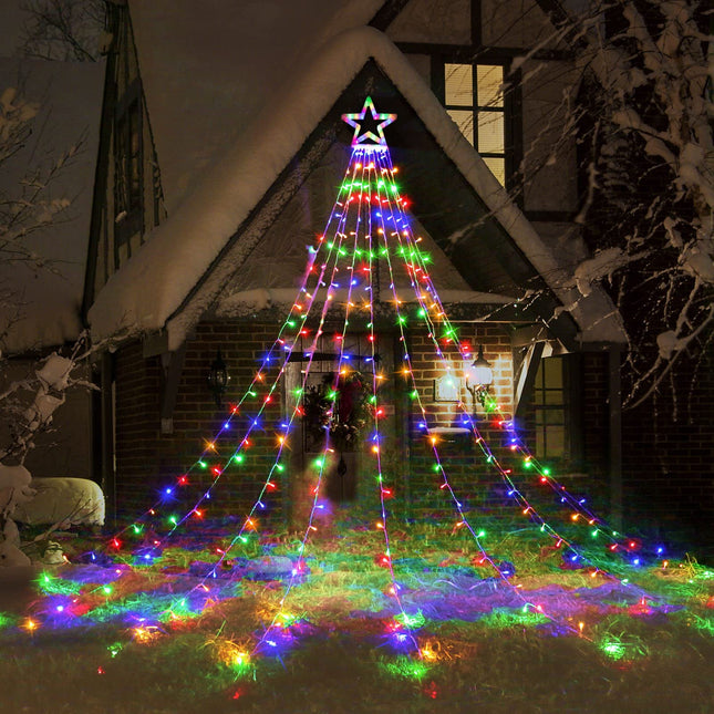 Toodour Christmas Decorations Outdoor Star Lights, 317 LED 10ft X 9 Waterfall Tree Lights with 12" Topper Star, 8 Lighting Modes Outside Christmas Lights for Yard Garden Holiday Decor (Multicolor)
