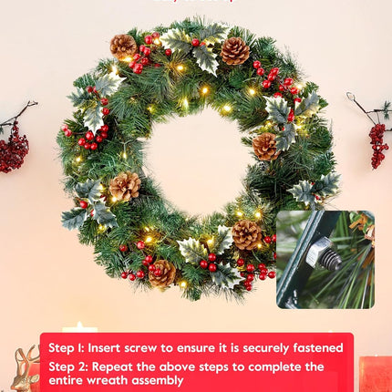 24 Inch Pre-Lit Artificial Christmas Wreath, Battery Operated LED Christmas Wreath with Pine Needles Branches Hari Leaves Red Berry Pine Cones Lighted Wreath for Front Door Wall Windows X-mas Ornament