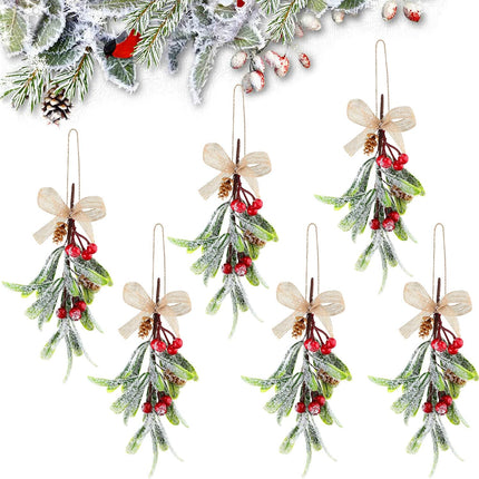 Snowy Artificial Christmas Mistletoe Picks Snowy Red Berry Branches Glitter Mistletoe with Ribbon Christmas Mistletoe Hanging Ornament for Christmas Party Decorations (6 Pieces)