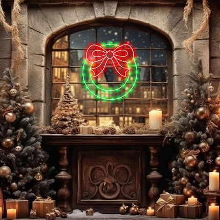 Christmas Wreath Window Lights Decorations, 13.5 in 82LEDs Christmas Wreath Lights with Bow, Timer Remote Control USB Powered Window Silhouette Lights for Door Home Wall Winter Xmas Party Decor