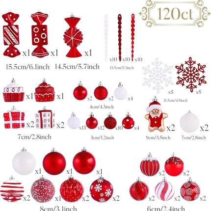 Valery Madelyn Christmas Ornaments Set, 120ct Candy Cane Red White Shatterproof Gingerbread Christmas Tree Decorations Set, Variety Decorative Hanging Ball Ornaments Bulk for Xmas Holiday Party Decor