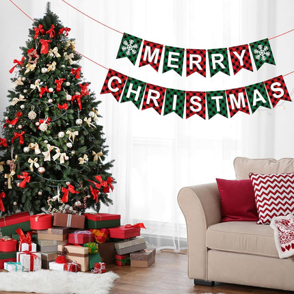 Merry Christmas Banner, Red Green Buffalo Plaid Check Holiday Garland, Rustic Snowflake and Letter Bunting, Fun Wall Mantel Hanging Christmas Decorations for Home, Office, and Xmas Party Supplies